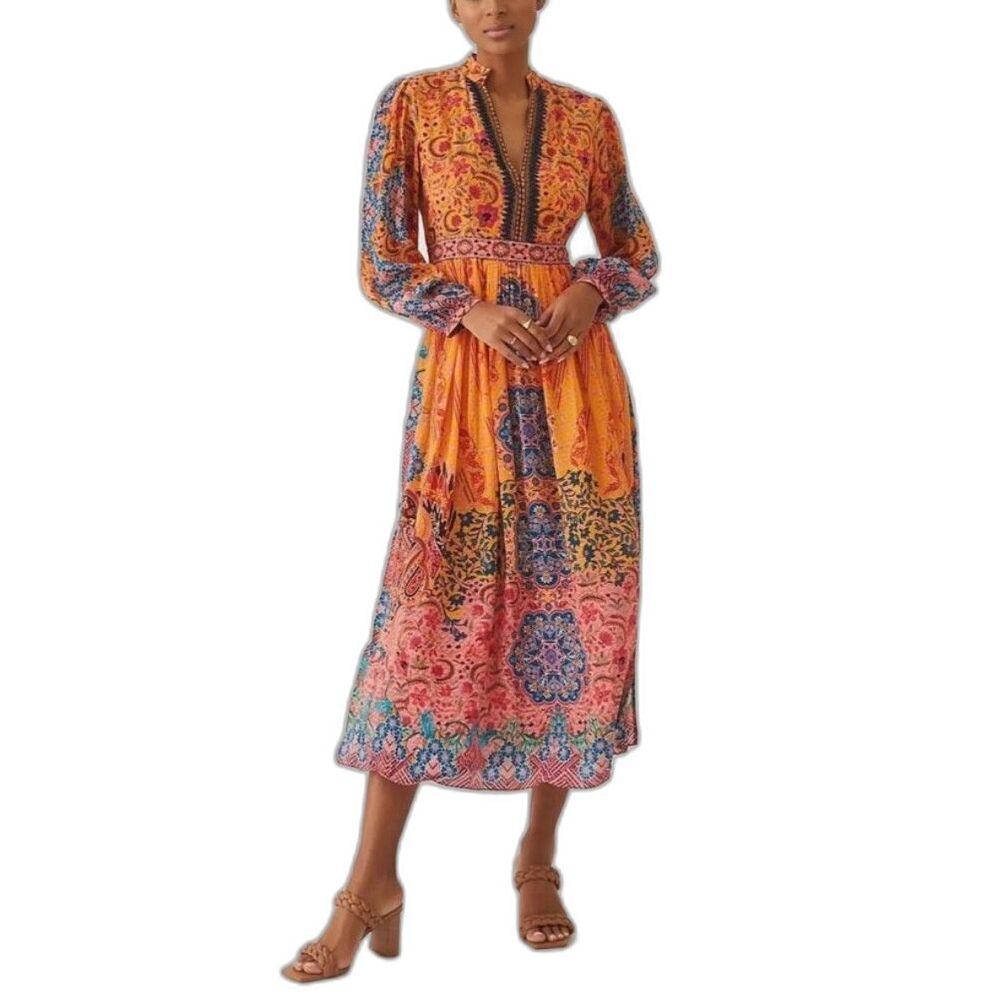 Anthropologie Bhanuni By Jyoti NWOT Vibrant Multicolor Boho LS Maxi Dress Size 4